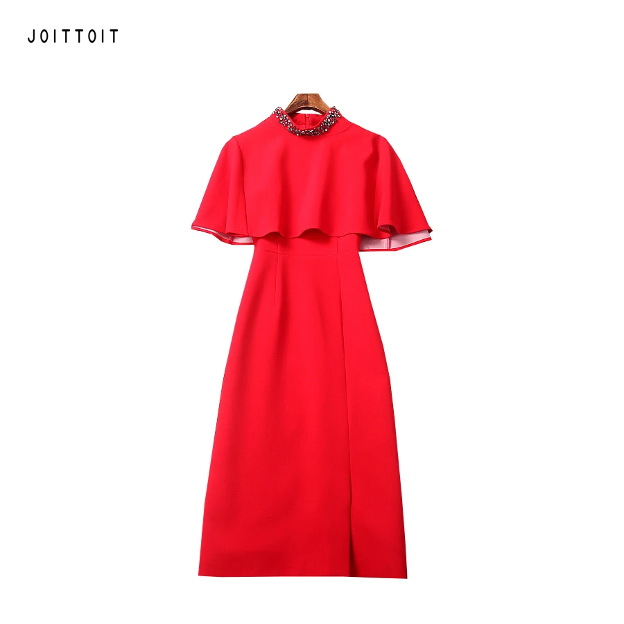 Women Party Pencil Dress Office Ladies Beading Stand Collar Red Pink Black Short Sleeve Sexy Split Slim Ruffles | Женская одежда
