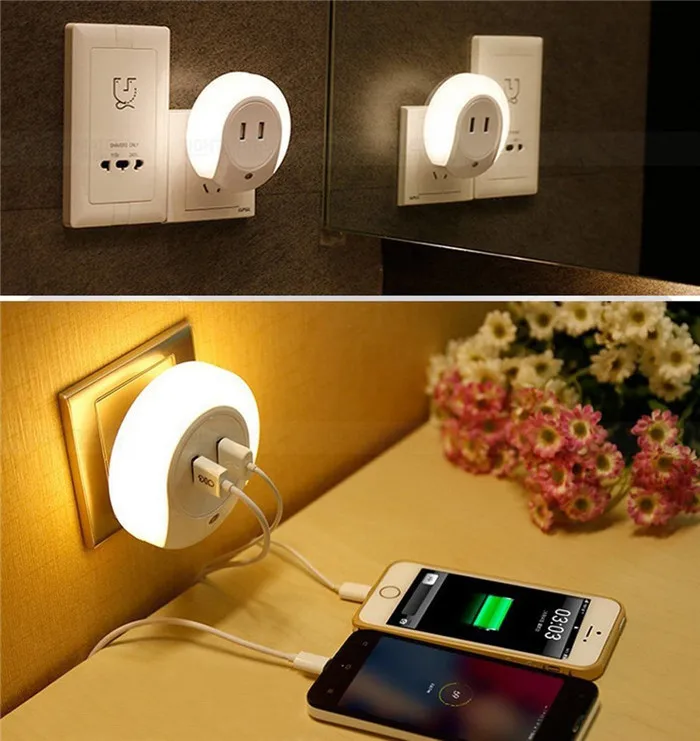 Хит! Умный дизайн светодиодный ночник с датчиком света и двойным USB настенным