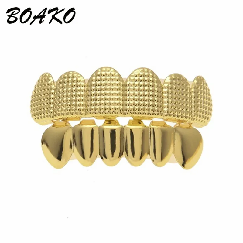 Gold Set BOAKO, Золотая решетка, решетка для зубов, гриль, хип-хоп, мужские верхние и нижние грили, зубной рот, панк, зубные колпачки, рэппер, косплей, украшения для тела - Окраска металла: Gold Set