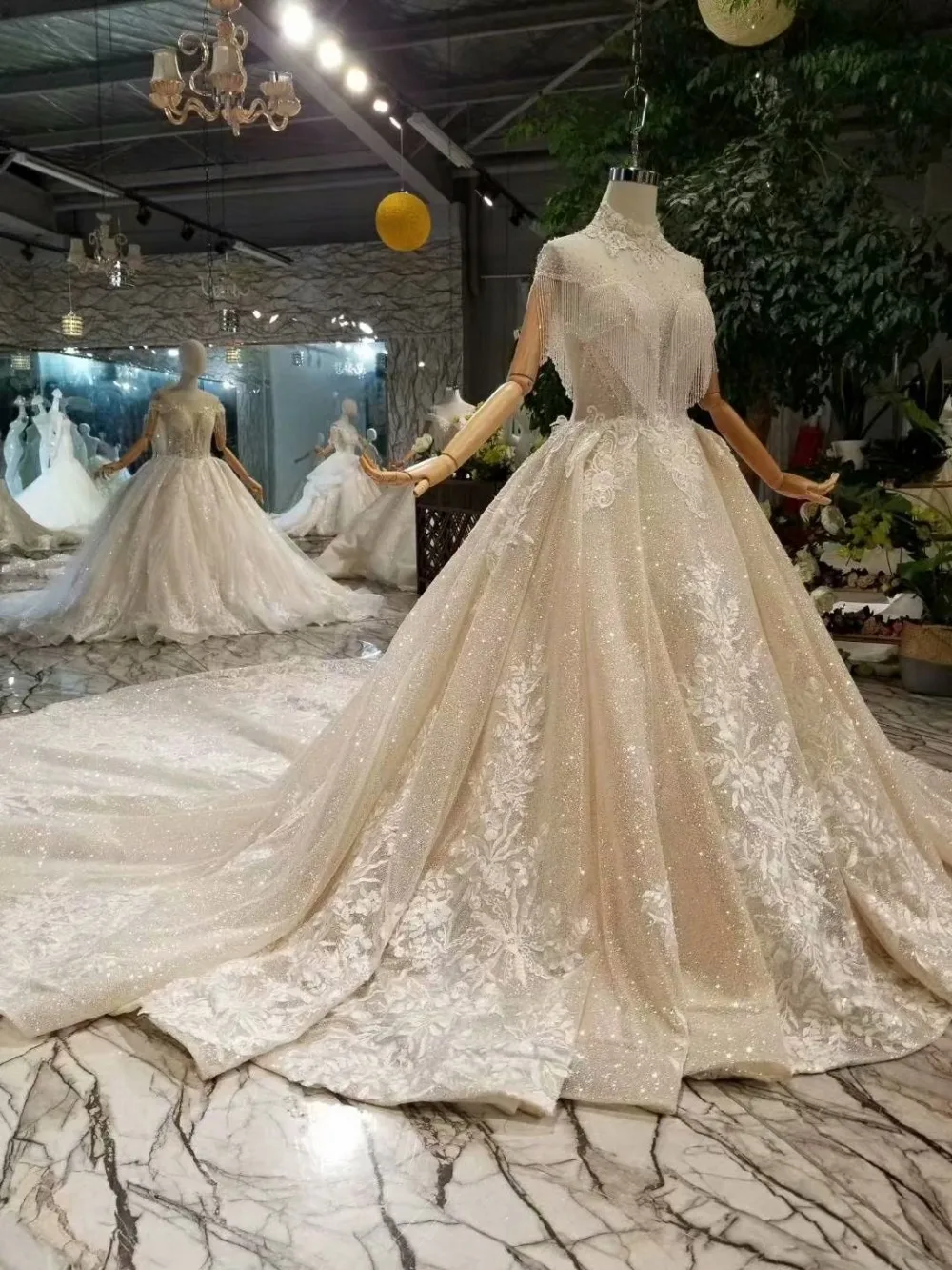 H&S BRIDAL Champagne Wedding dress High Neck Crystals Sposa Vestido de Novia Luxury fabric wedding Gowns trouwjurk