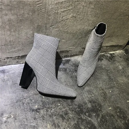 lattice Silla liners/Новинка года; белые ботильоны из натуральной кожи на очень высоком каблуке; женские ботинки с острым носком на молнии сбоку; Женские ботинки в клеточку - Цвет: lattice