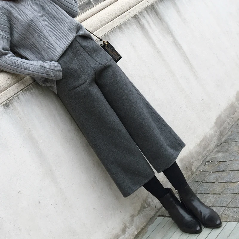 

Wool wide leg pants women's autumn and winter high waist nine pants thick loose loose seven straight jeans tide