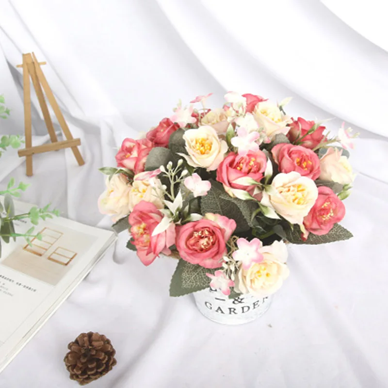 Искусственная Роза цветочный горшок мини железа в горшке с пеньковой веревкой