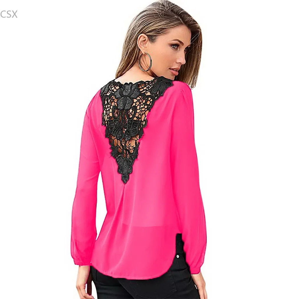 Женская шифоновая блузка с V образным вырезом и цветочным кружевом|shirt elegant|shirt