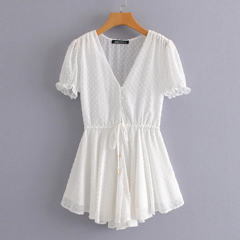 Белое короткое летнее платье в горошек женское с v-образным вырезом и завязками