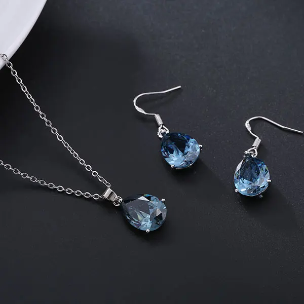 Sky Blue Модные свадебные комплекты с кубическим цирконием, Женские Подвески в виде капель, сверкающие свадебные комплекты ювелирных изделий, кулон, ожерелье, серьги, набор - Окраска металла: Sky Blue