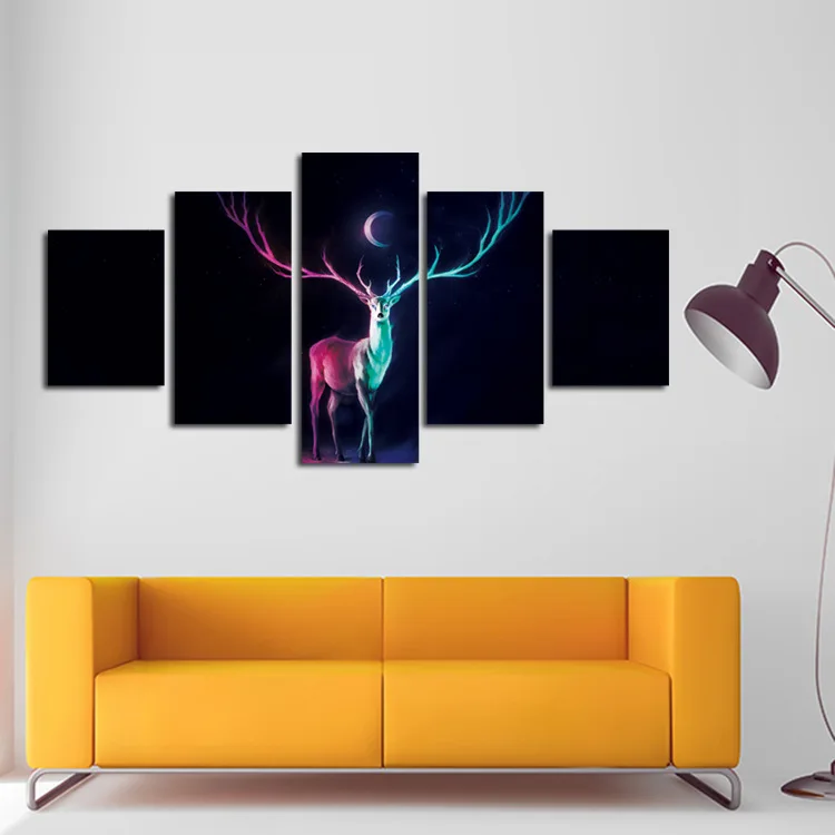 

FIVE PC NO FRAME Deer under the stars Oil Painting Printed Oil Painting On Canvas Oil Painting for Home Decor Wall Decor