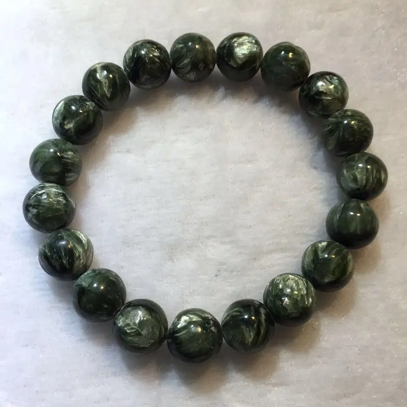 Бесплатная доставка AAA Натуральный Серафинит круглые бусины стрейч-браслет 10 мм