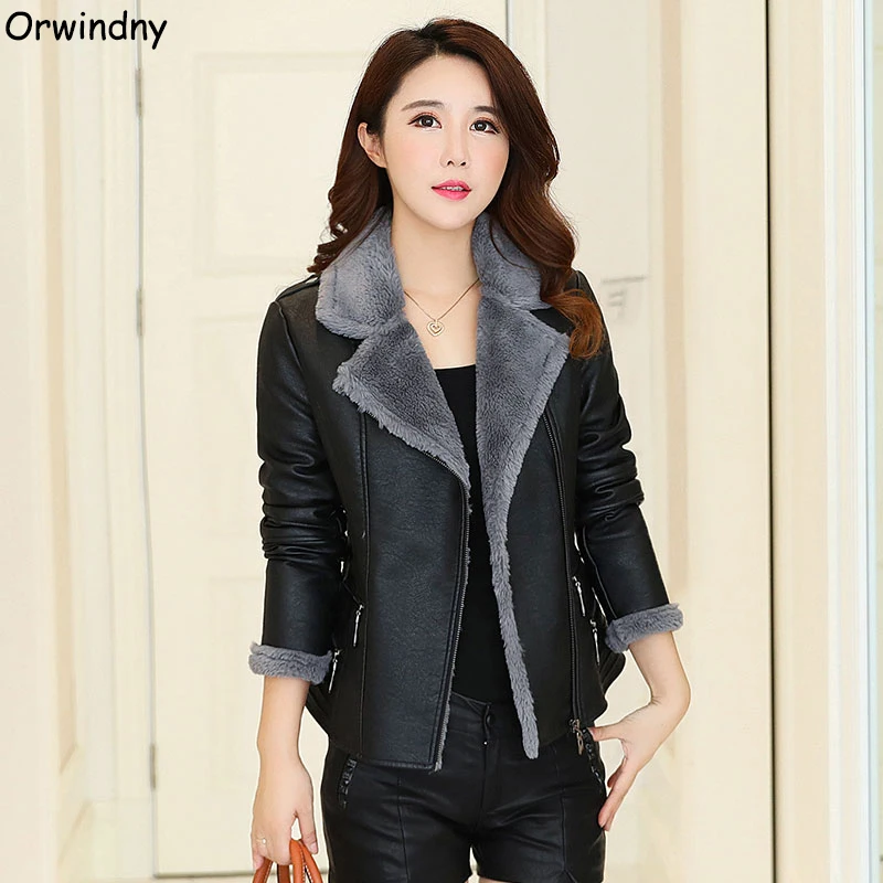 

Orwindny Autumn Winter Thick Warm Fur Leather Coat Women 5XL Leather Clothing Outerwear Female Suede Turn-down Collar