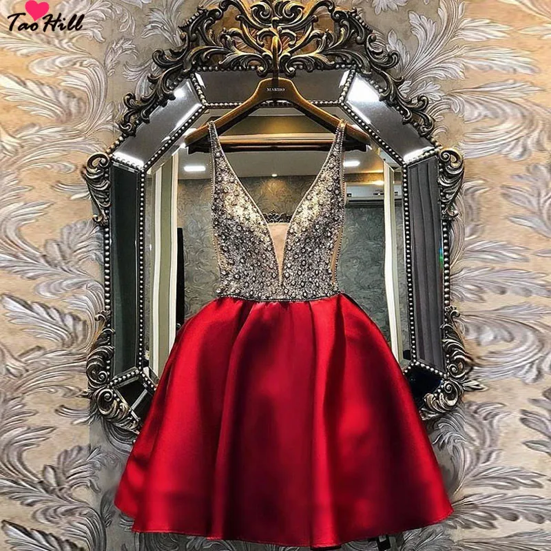

TaoHill 2019 Cocktail Dresses A-line V-neck Short Mini Handmade Flowers Party Plus Size Red Homecoming Dresses