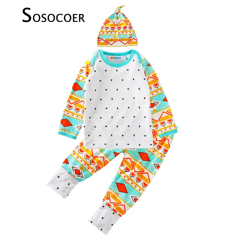 

SOSOCOER Baby Clothing Set Autumn Geometric 3pcs Kids Clothes Outfits Long Sleeve T-shirt+Pants+Hats Cap Boy Girl Clothing Sets