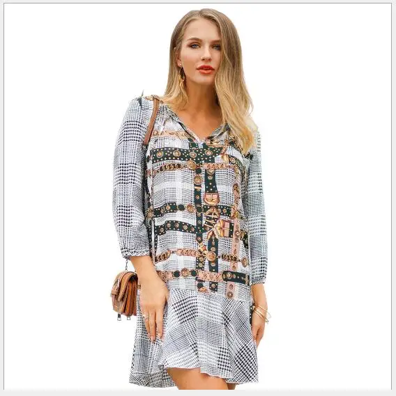Women Dress 2019 New Spring V-Neck Long Sleeve Mini Female Outwear Fashion Casual Pullover Slim Fit Printing A-Line | Женская одежда