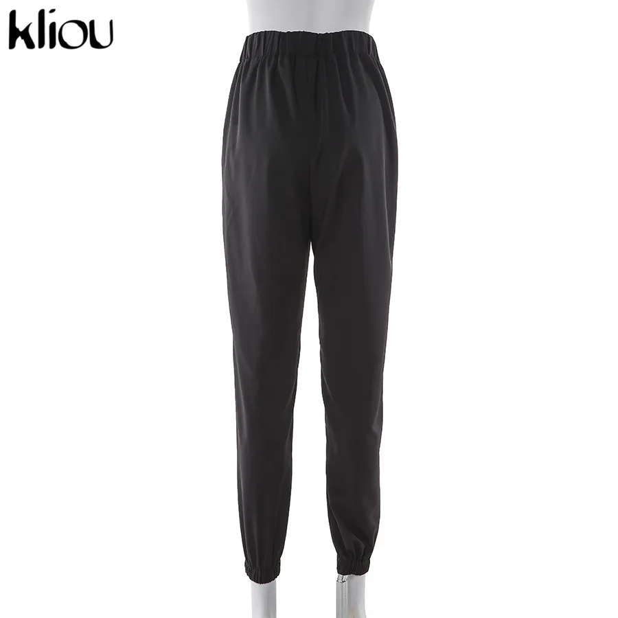 Kliou women casual pants long length hollow out black cargo pants high waist autumn new arrival fashion street trousers