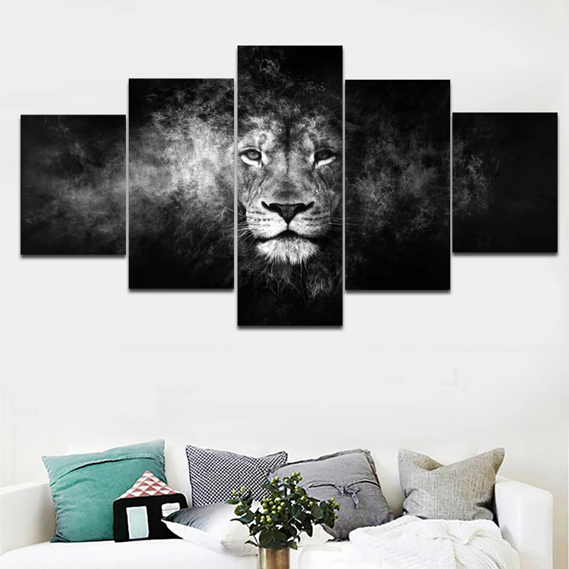 5 панелей/комплект Черный и белый лев рисунок на холсте искусство стены плакат с