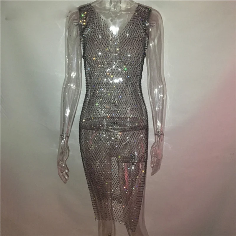 TolTolQ Sexy Split Diamond Dress Bling Bling Summer Hollow Out Party Dress White Black Mesh Women Club Dress Lady Vestidos