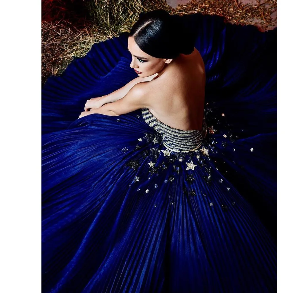 Vintage Royal Blue Stars Crystal Pleated Prom Dresses 2019 Beaded A-line Gowns Off The Shoulder Vestido Longo De Festa | Свадьбы и