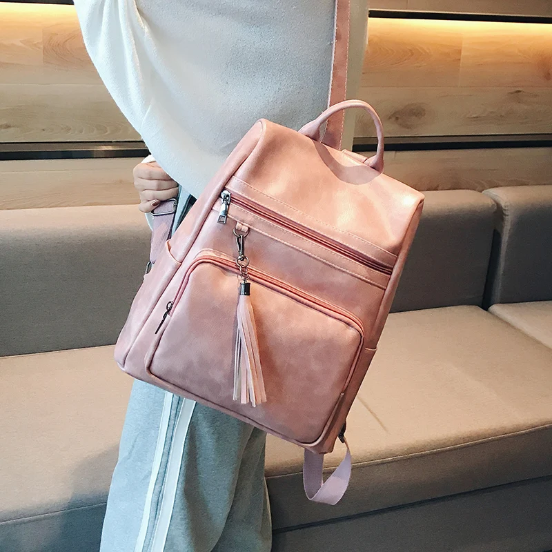 Женский рюкзак с кисточками bolso Розовый школьный из мягкой кожи для девочек
