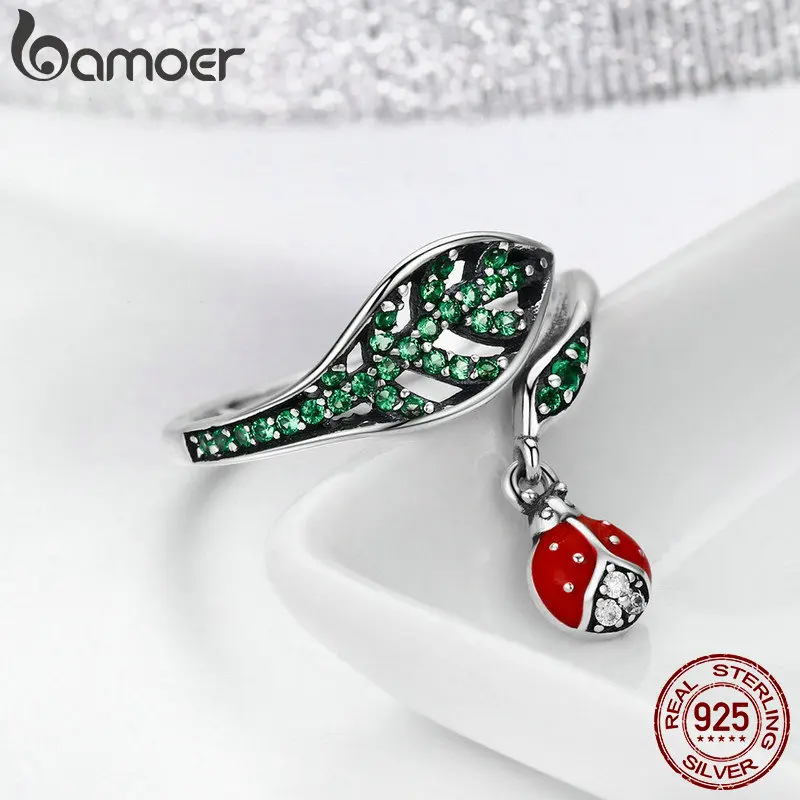BAMOER, 925 пробы, серебро, отдых, божья коровка, болтаются в листьях дерева, кольца на палец для женщин, Стерлинговое Серебро, ювелирное изделие, подарок SCR310