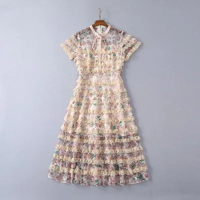 1 COLOREE High Quality Chic Summer Midi Dress Sexy See Through Mesh Lace-up Ribbon Neck Ruffles Cake Party Dress - Цвет: 1