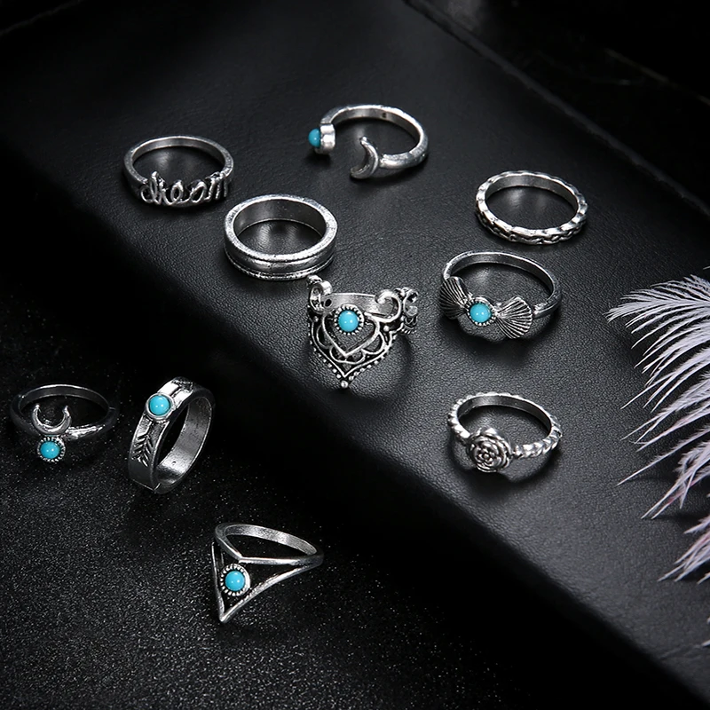 10 Pcs/Set Women Charm Bohemia Retro Moon Fatima Letter Flower Arrow Shell Crown Gem Opening Ring Set Party Wedding Jewelry Gift | Украшения