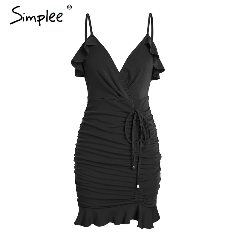 Simplee Глубокий v шейный ремешок Женщины bodycon сексуальное платье шнурок рябить