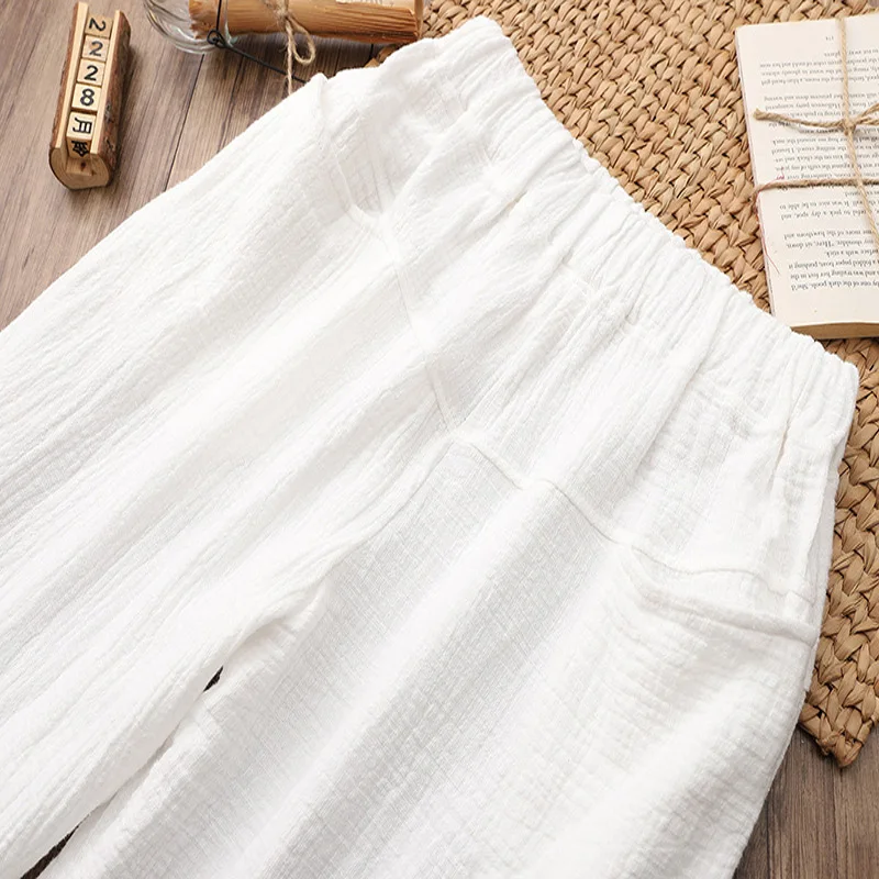 Женские хлопковые льняные шаровары с эластичной резинкой на талии однотонные