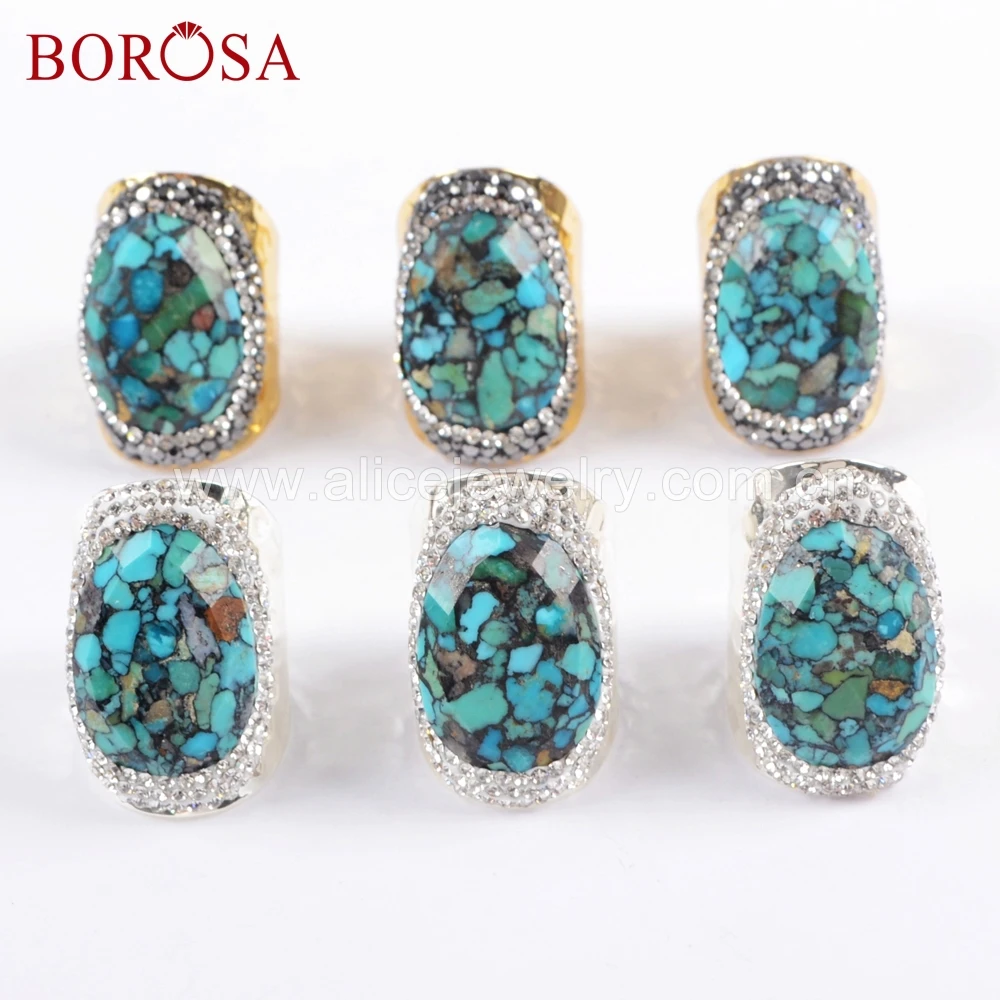 BOROSA 5 шт. золотистого и серебристого цвета натуральная Бирюза Кольцо друзы Кристалл Стразы проложить природные кольца с синим камнем ювелирные изделия JAB943