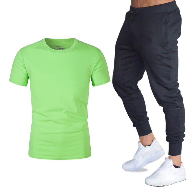 2019 new summer short men's casual suit sportswear solid color 17 round neck cotton patchwork T-shirt + trousers | Мужская одежда