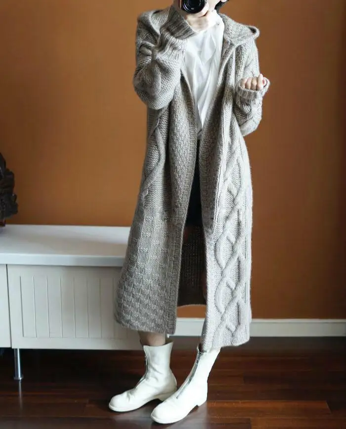 Woman cashmere cardigan and Hoodie Autumn winter 2019 New Casual Knitted Long Cardigan With A Hood Female Coat |