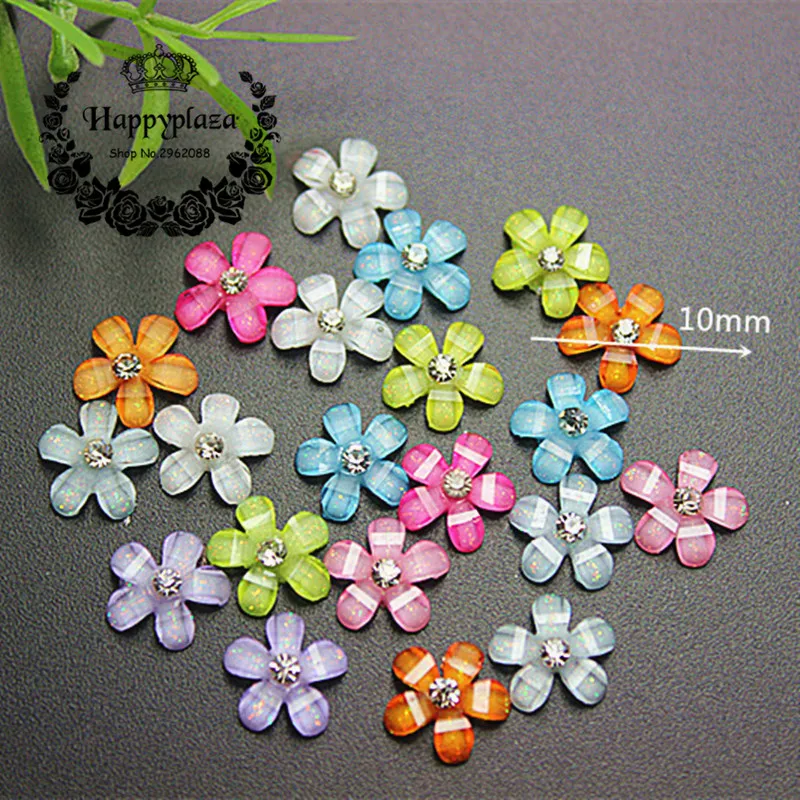 100pcs 10mm Glitter Rhinestone Resin Five-Petal Little Flowers Resin Flatback Cabochon DIY Jewelry/Phone Decoration