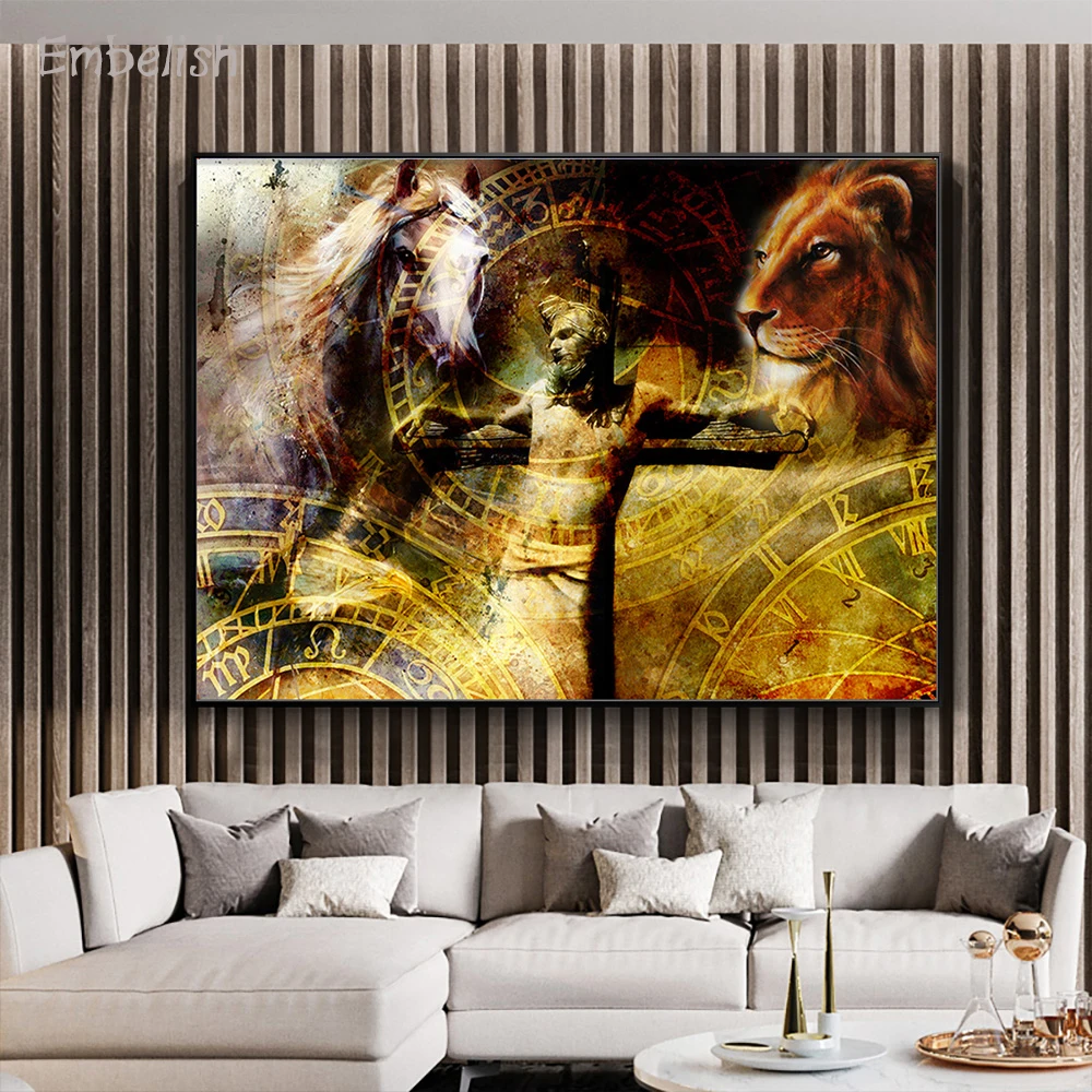

Embelish 1 Pieces Jesus On The Cross With Animals Home Decor Wall Art Pictures For Living Room Bedroom HD Canvas Paintings
