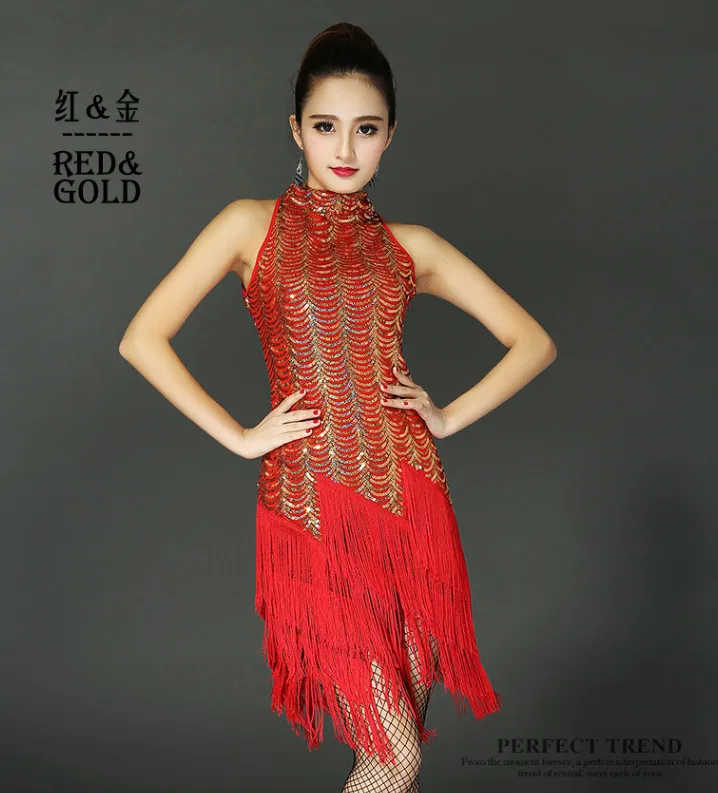red and gold Для взрослых/Детское платье для латинских танцев Для женщин/Обувь для девочек кисточкой блестками юбка для танцев для Samba/Костюмы для бальных танцев танцевальная одежда пикантные Клубные Платья для женщин - Цвет: red and gold
