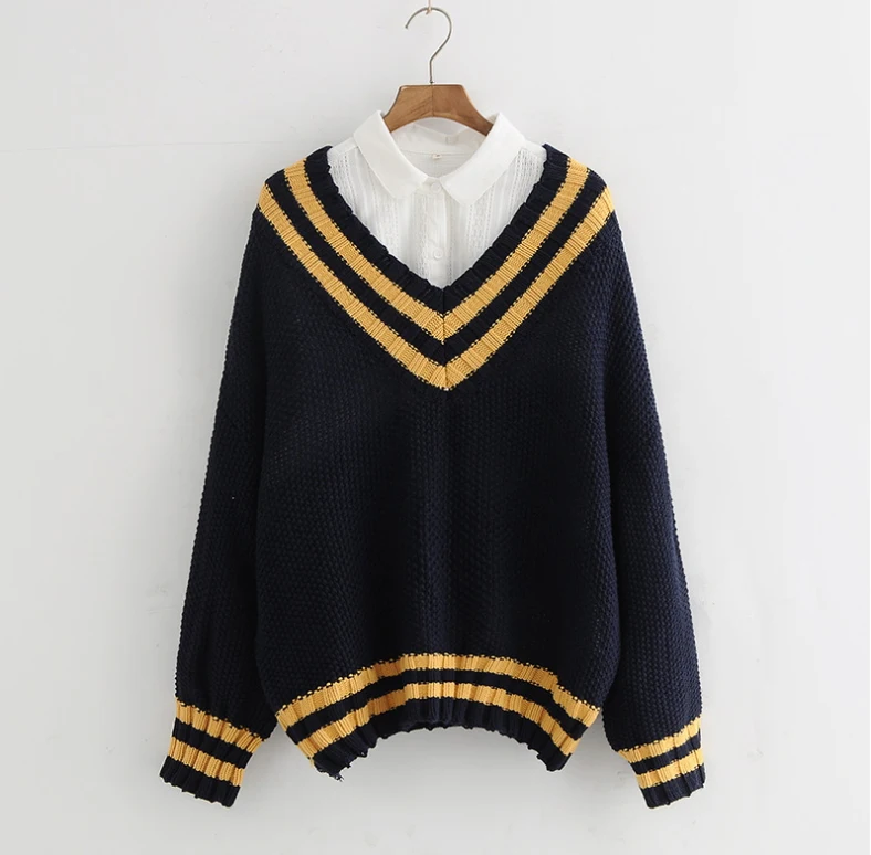 2017 Autumn Winter Women Loose V-Neck Lantern Sleeve Sweater Ladies Casual Pullovers Striped &amp Hem | Женская одежда
