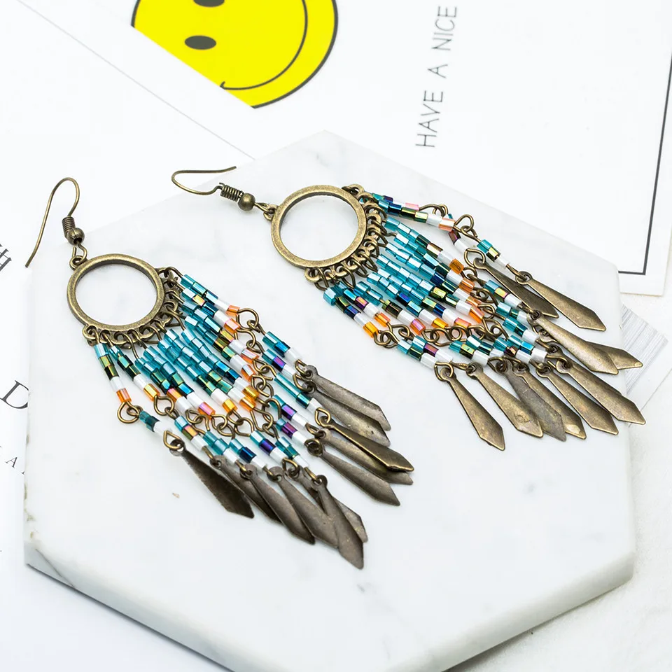 Старинные длинные бахромой серьги для женщин ювелирные изделия Boho красочные