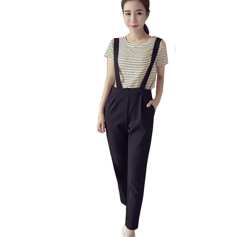 Женский комбинезон со съемным ремнем черные свободные тонкие шаровары в