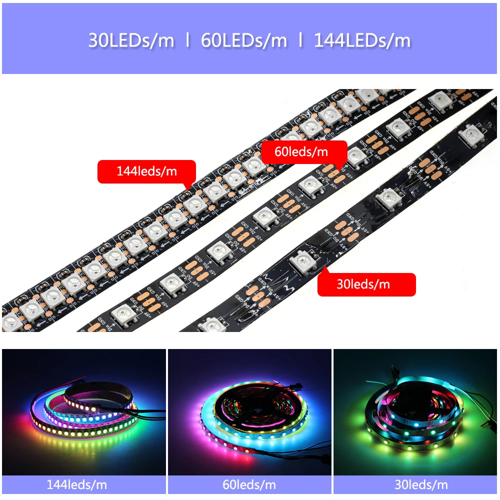 WS2812B изменяемый RGB смарт-пикселей Светодиодные ленты DC5V черный/белый цвет PCB 30/60/144 светодиодный s/m
