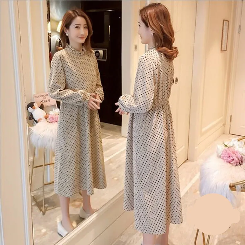 Женское длинное платье в горошек для беременных корейская мода весна 2019|Платья| |