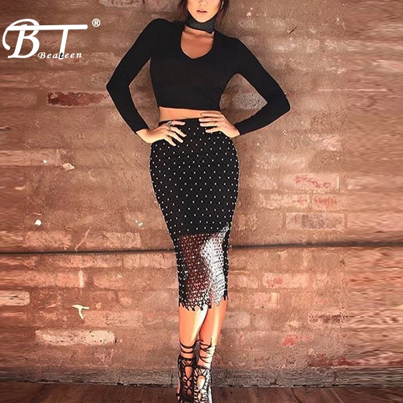 

Beateen 2018 New Long Sleeve Beading Bandage Set Black Deep V 2 Piece Sets Bandage Dress Crop Top Autumn