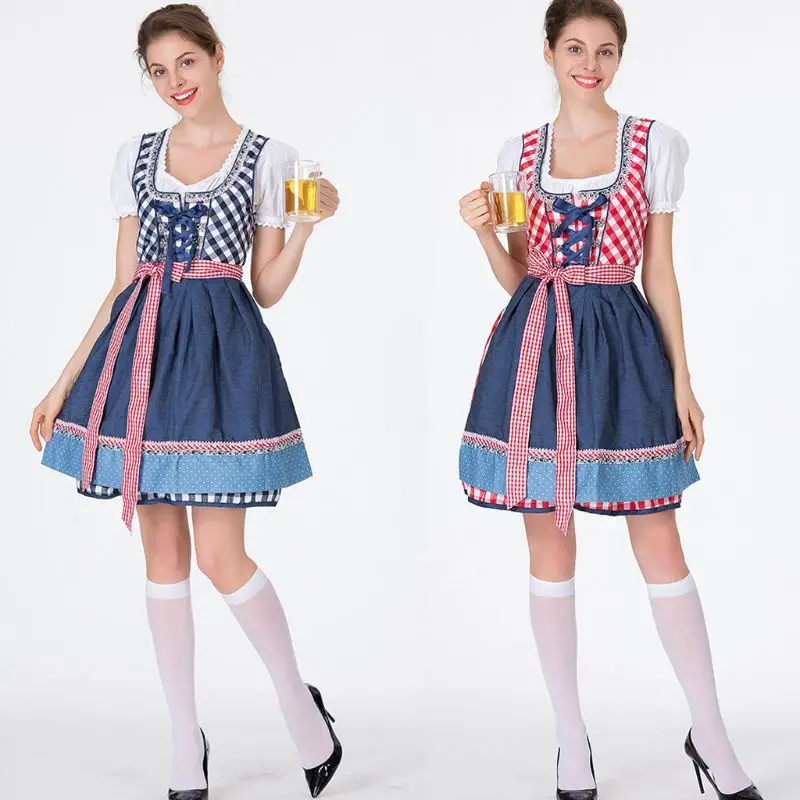 

1 Set Women Barmaid Dirndl Dress Cross Bandage Square Neck Short Sleeve Plaid Dress For Oktoberfest Costumes Halloween Carnival