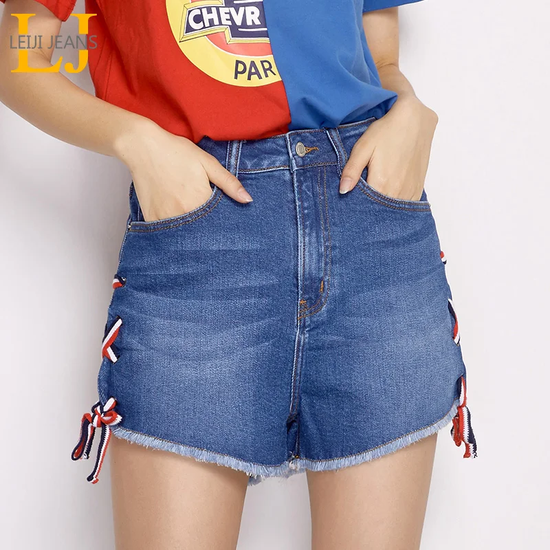 LEIJIJEANS 2018 Новое поступление летние размера плюс на шнуровке сбоку отбеленные с
