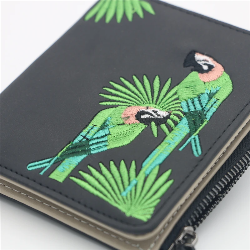 Женский кошелек с вышивкой птицы Portefeuille Femme на молнии, короткий кошелек, кожаный держатель для карт, зеленый, синий, розовый, черный, женские кошельки