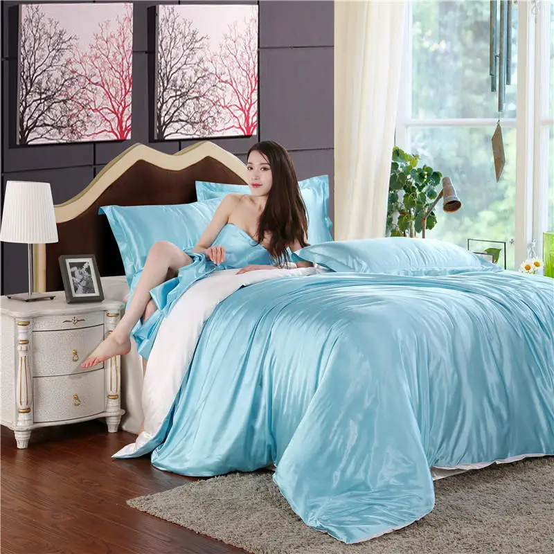 HOT! pure satin silk bedding set，Home Textile King size bed set， bed clothes， duvet cover ，flat sheet ，pillowcases ，Wholesa - Цвет: water blue--White
