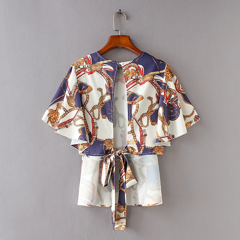 European Style 2018 Summer New Arrival Sexy Backless Lace-up Short Blouse Female Elegant Casual Sleeves Print Tops | Женская одежда