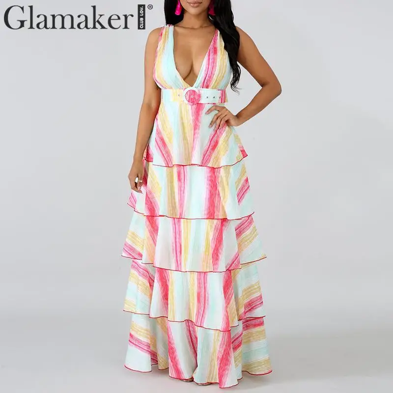 Glamaker Многоуровневое Платье макси с высокой талией и оборками женское летнее