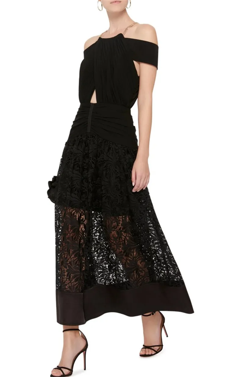 2018 осень зима Холтер Черный кружево миди платье элегантный женское вечернее