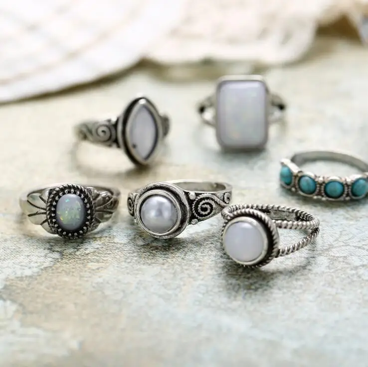 

New Design Vintage Opal Knuckle Rings Set For Women Boho Geometric Pattern Flower Rings Party Bohemian Jewelry 7 PCS/Set
