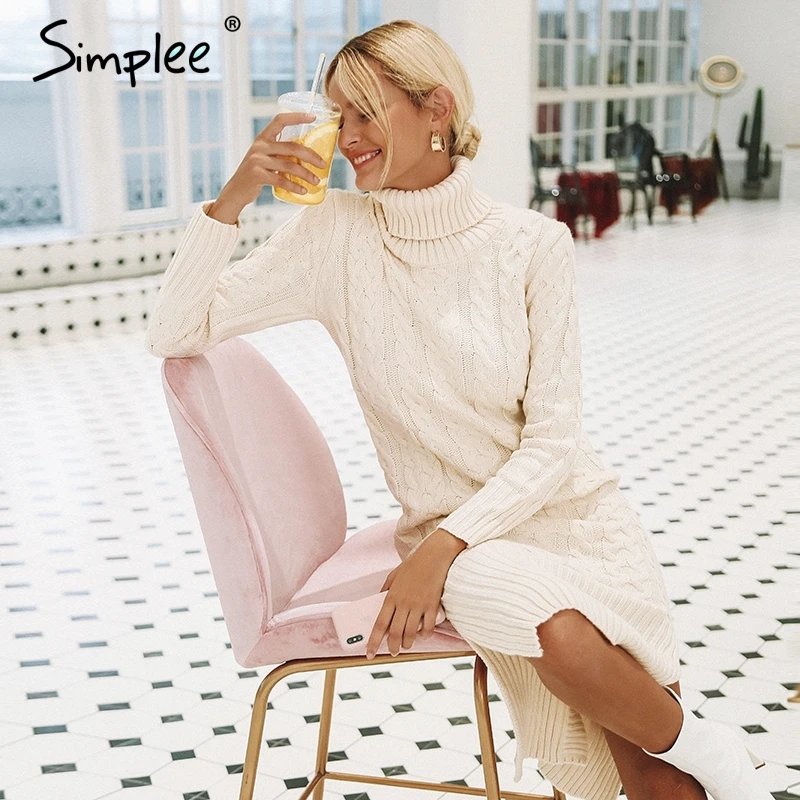 Женское платье свитер Simplee на осень зиму элегантное теплое водолазка с разрезами