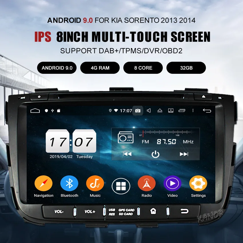 KANOR Восьмиядерный ips Android 9,0 ram 4g 32g rom 2 din автомобильное радио для KIA Sorento 2013 gps РАДИО wifi Bluetooth Карта USB аудио