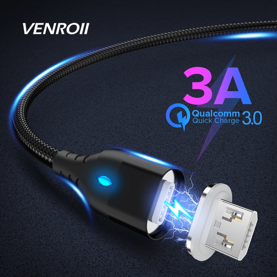Магнитный кабель Venroii 3A Micro usb type C для быстрой зарядки type-C магнитное зарядное устройство для телефона USB C для samsung huawei P20 Xiaomi OnePlus