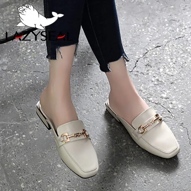 Beige LazySeal/тапочки из коровьей замши с квадратным носком; женские шлепанцы на каблуке с металлическим декором; новые летние женские туфли без задника; женские шлепанцы - Цвет: Beige